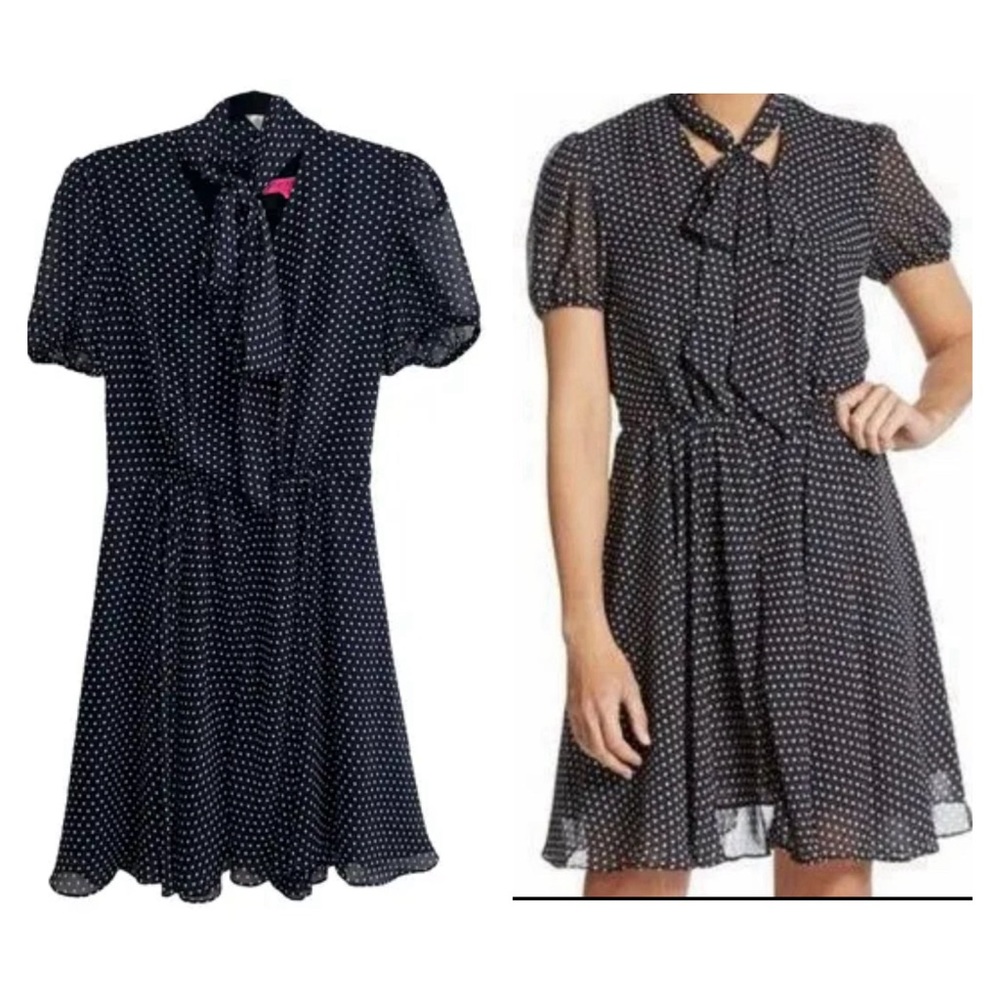 Betsey Johnson Blue Polka Dot Dress Chiffon‎ Tie Neck Size 14 Rockabilly Preppy